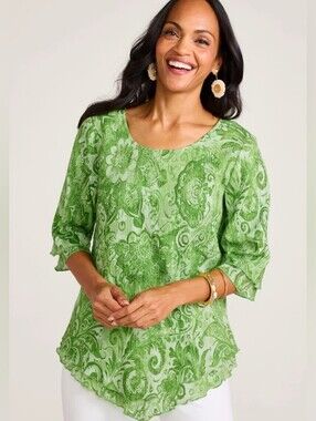 Soft Surroundings Siesta Key Crinkle Gauze Tunic Top Green Paisley Boho 1X